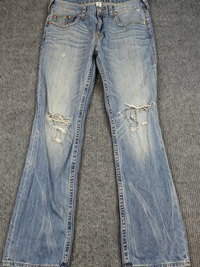 True Religion Section Straight Jeans Mens 36x33 Light Wash Blue Distressed Denim